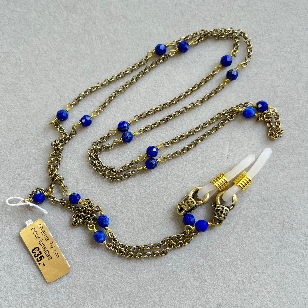 Chaîne pour lunettes de vue et de soleil, en laiton avec pierres naturelles, 74 cm, lapis lazuli