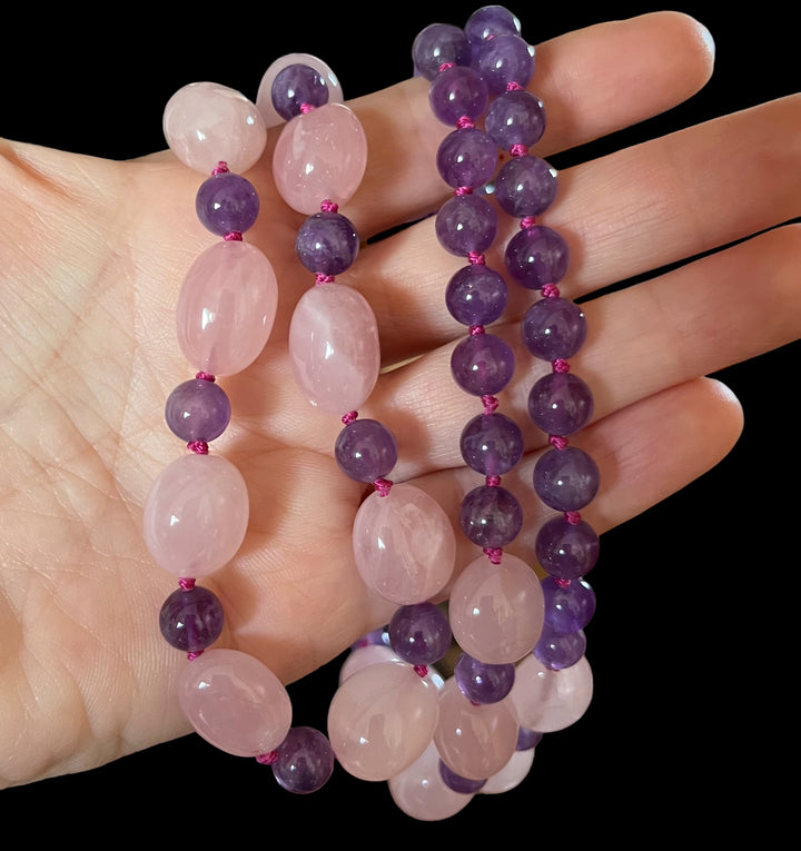 Nodium knot necklace necklace (amethyst, pink quartz) 92 cm
