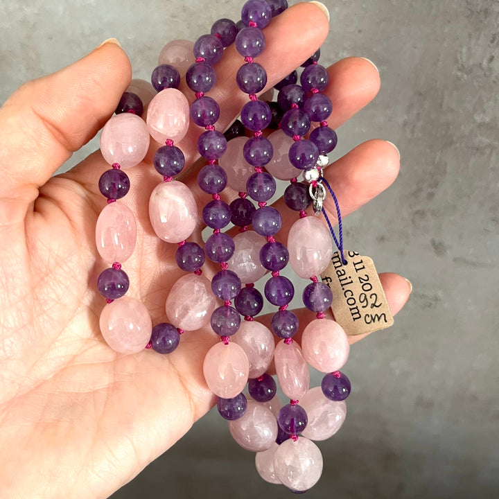 Nodium knot necklace necklace (amethyst, pink quartz) 92 cm