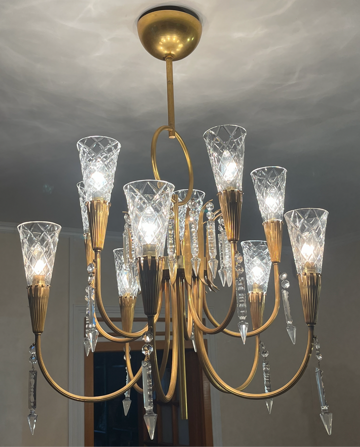 Lunel Arum chandelier in golden iron 10 1950s years with 2 sconces