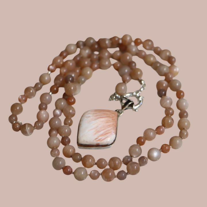 Collier MALA en pierre de lune et Pendentif en stilbite et scolecite
