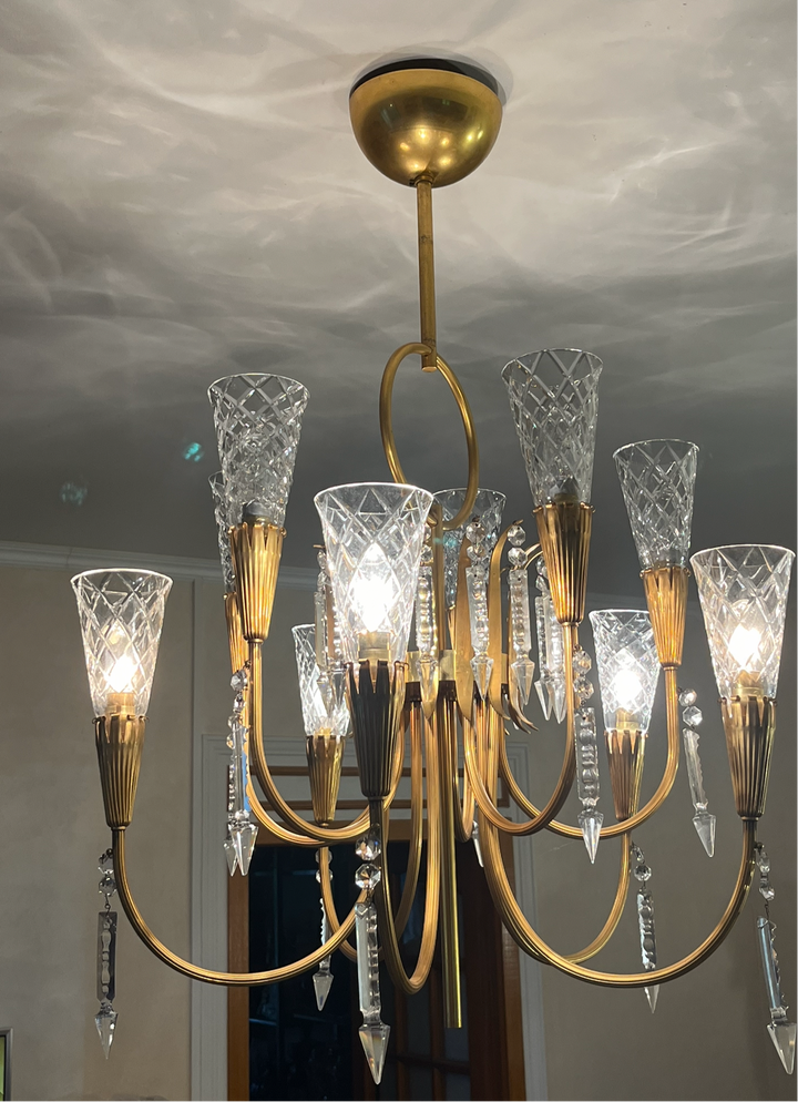Lustre Lunel Arum en fer doré 10 feux années 1950