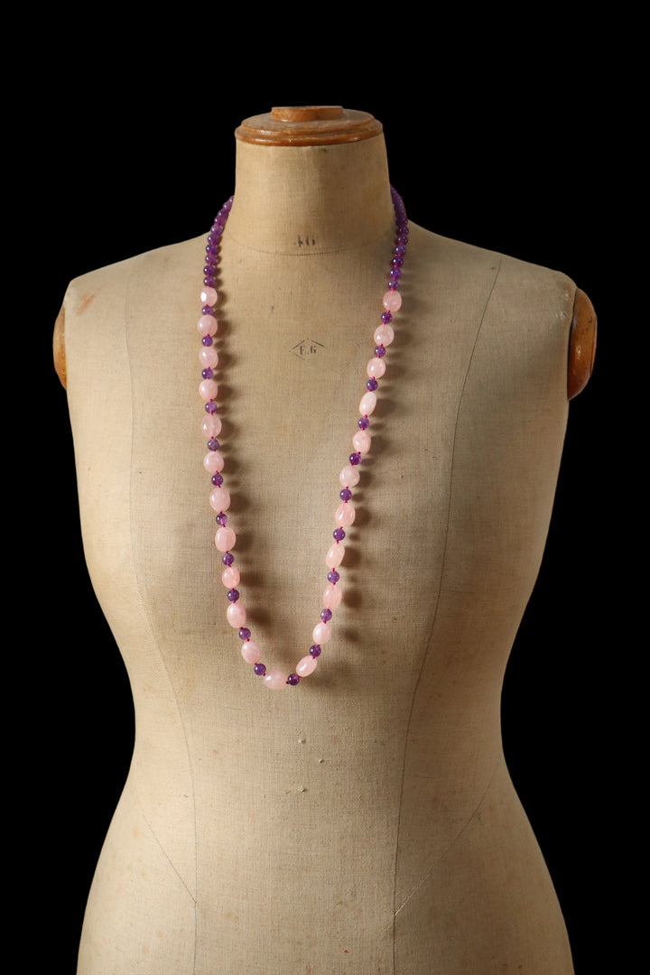 Nodium knot necklace necklace (amethyst, pink quartz) 92 cm