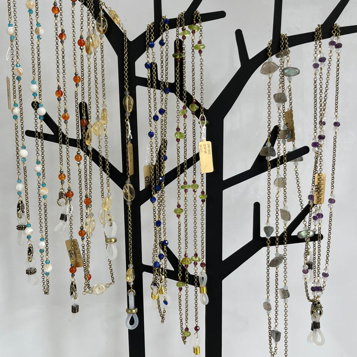 Chaîne pour lunettes de vue et de soleil, en laiton avec pierres naturelles, 74 cm, améthyste et topaze