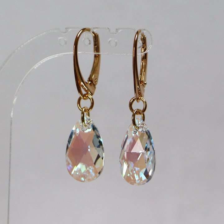 Серьги, кристаллы Сваровски, золотое серебро, AB Crystal, слезы