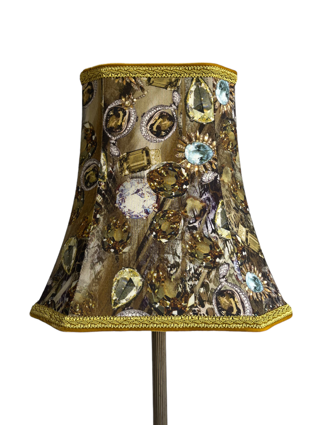 Abat-jour couture ‘BIJOUX’ en soie vert et jaune, avec doublure
