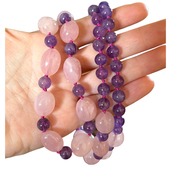 Nodium knot necklace necklace (amethyst, pink quartz) 92 cm