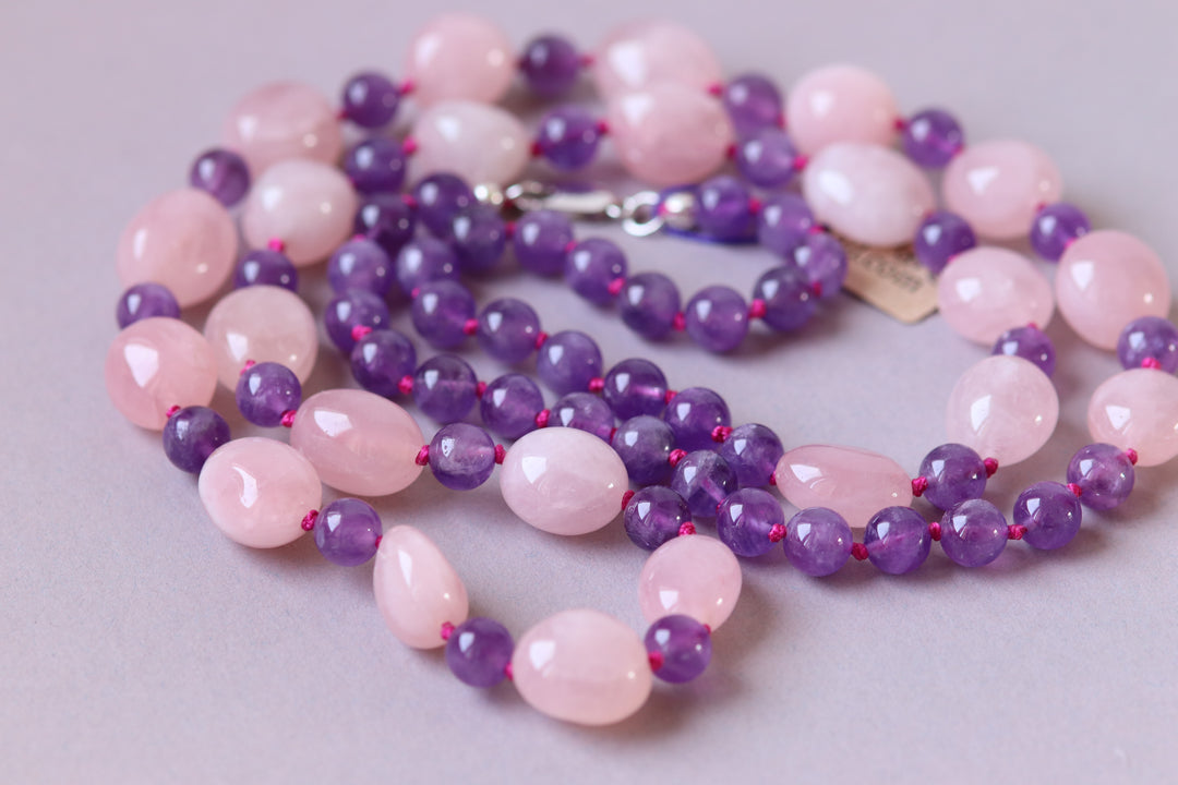 Nodium knot necklace necklace (amethyst, pink quartz) 92 cm