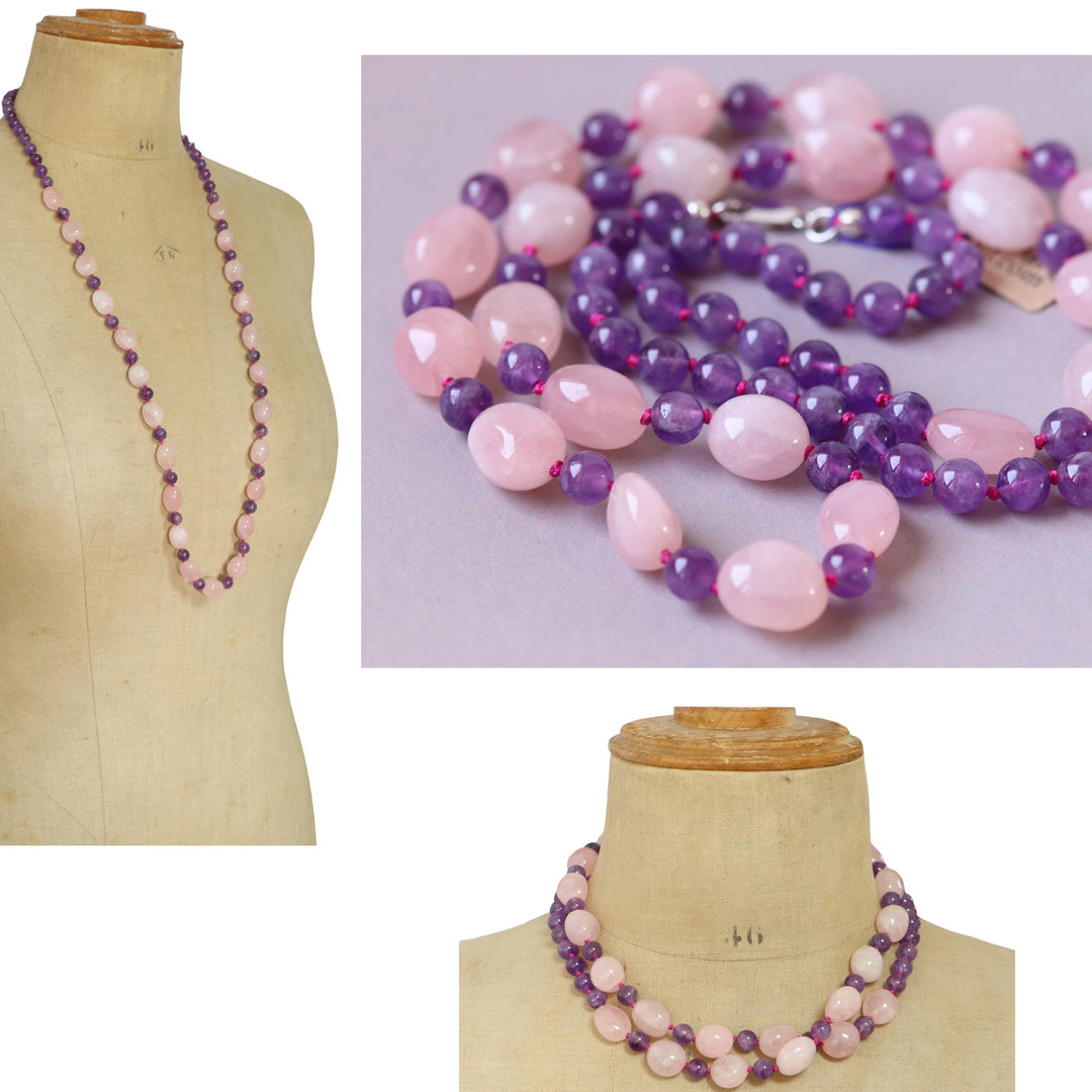 Nodium knot necklace necklace (amethyst, pink quartz) 92 cm