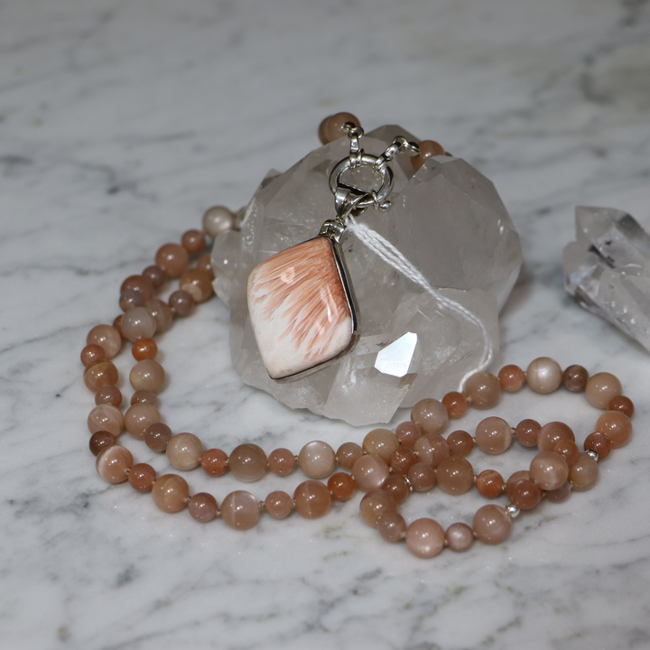 Collier MALA en pierre de lune et Pendentif en stilbite et scolecite