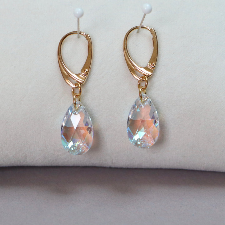 Серьги, кристаллы Сваровски, золотое серебро, AB Crystal, слезы