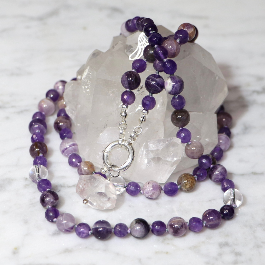 Collier MALA en améthyste et Pendentif en quartz