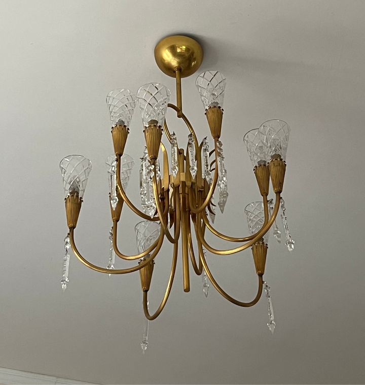 Lunel Arum chandelier in golden iron 10 1950s years with 2 sconces