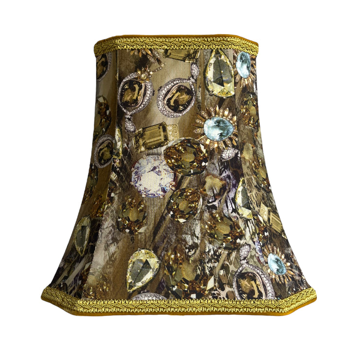 Abat-jour couture ‘BIJOUX’ en soie vert et jaune, avec doublure
