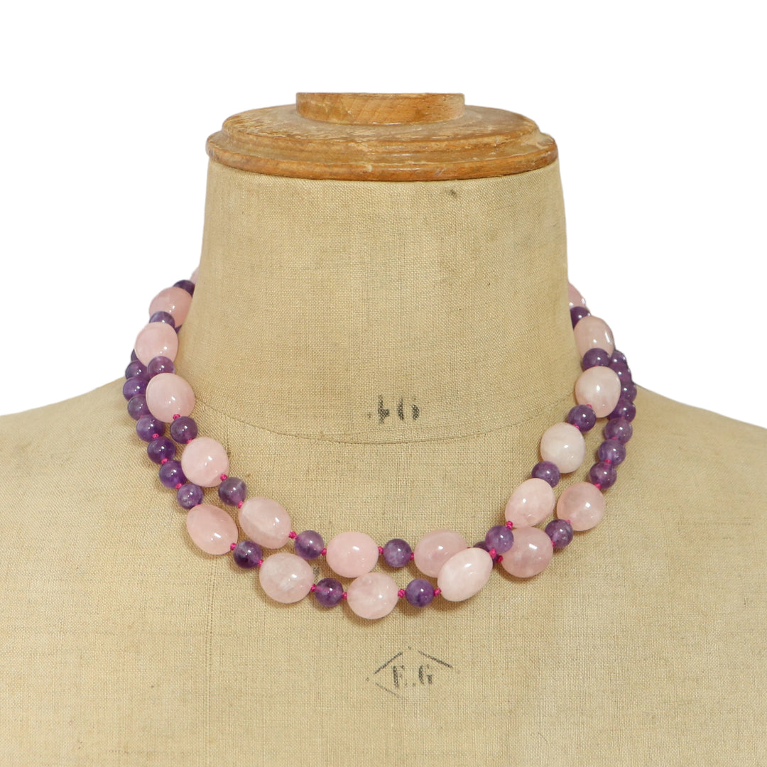 Nodium knot necklace necklace (amethyst, pink quartz) 92 cm