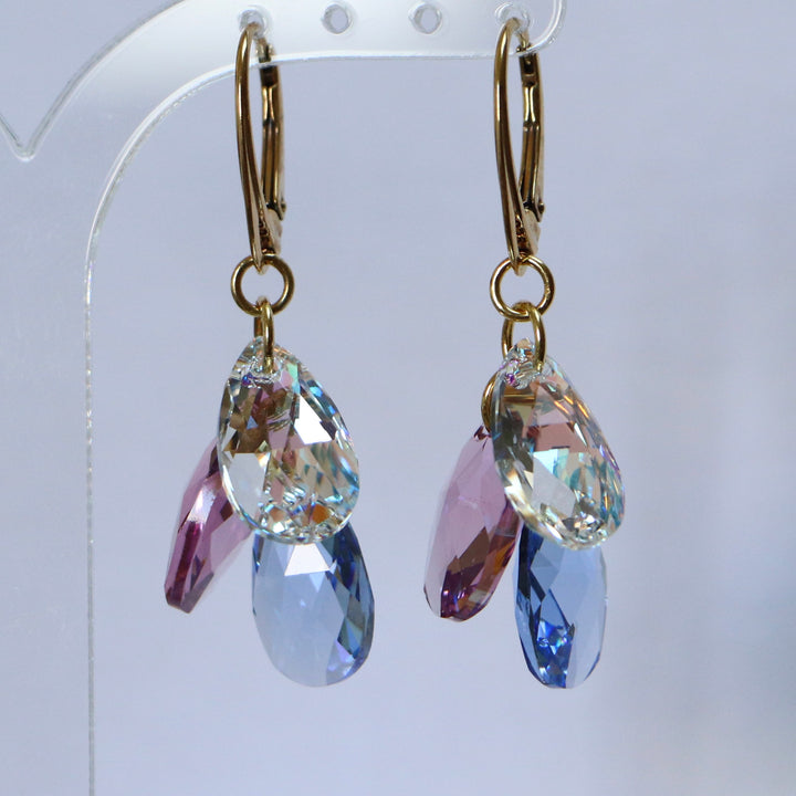 带有施华洛世奇晶体的耳环,金银,浅蓝色/紫色,花朵