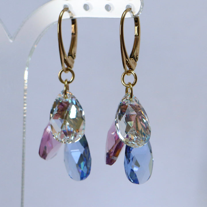 带有施华洛世奇晶体的耳环,金银,浅蓝色/紫色,花朵