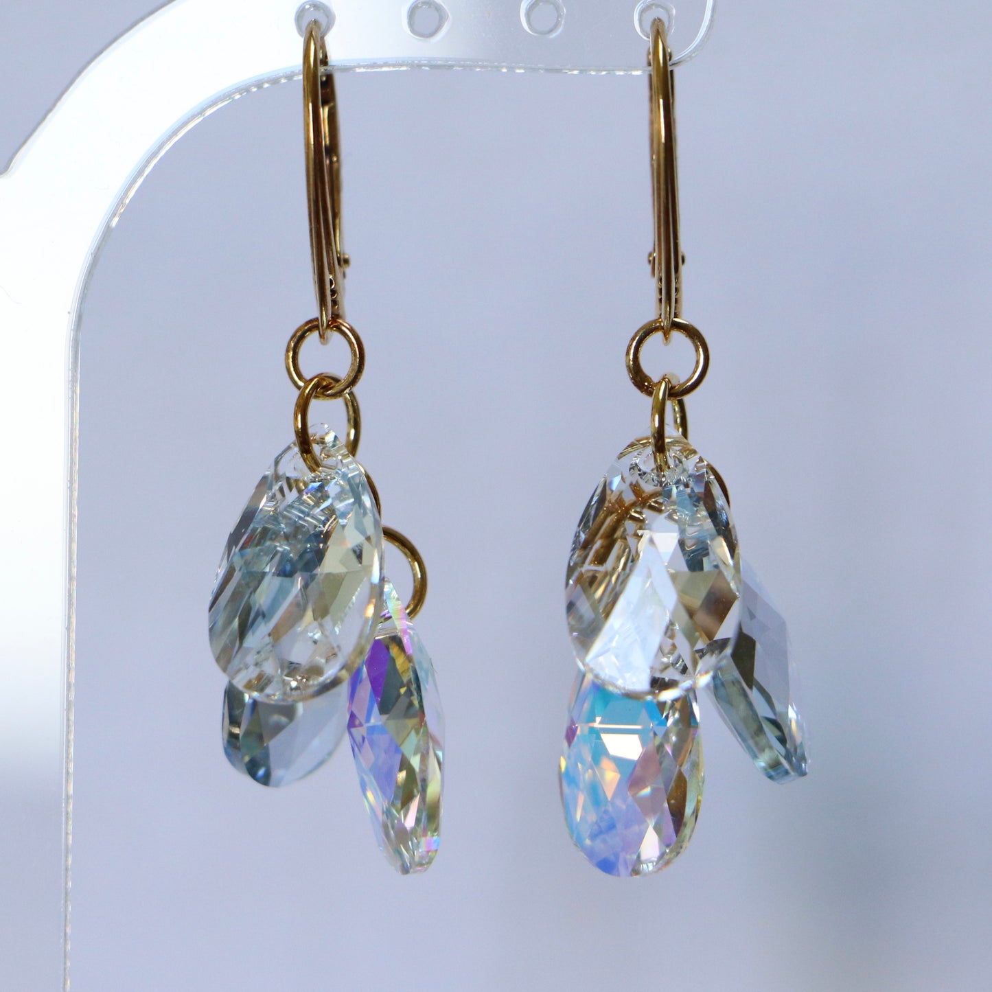 Boucles d'oreilles avec cristaux Swarovski, argent doré, cristal AB, FLEUR