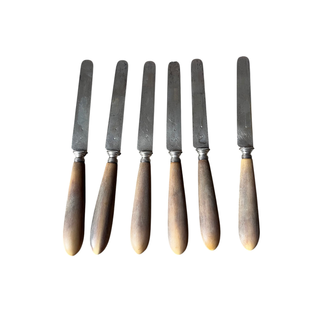 6 wooden handle dessert knives and silver blade