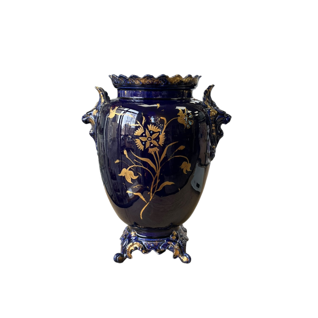 Vase de Choisy le Roi tête de lions bleu nuit et oder