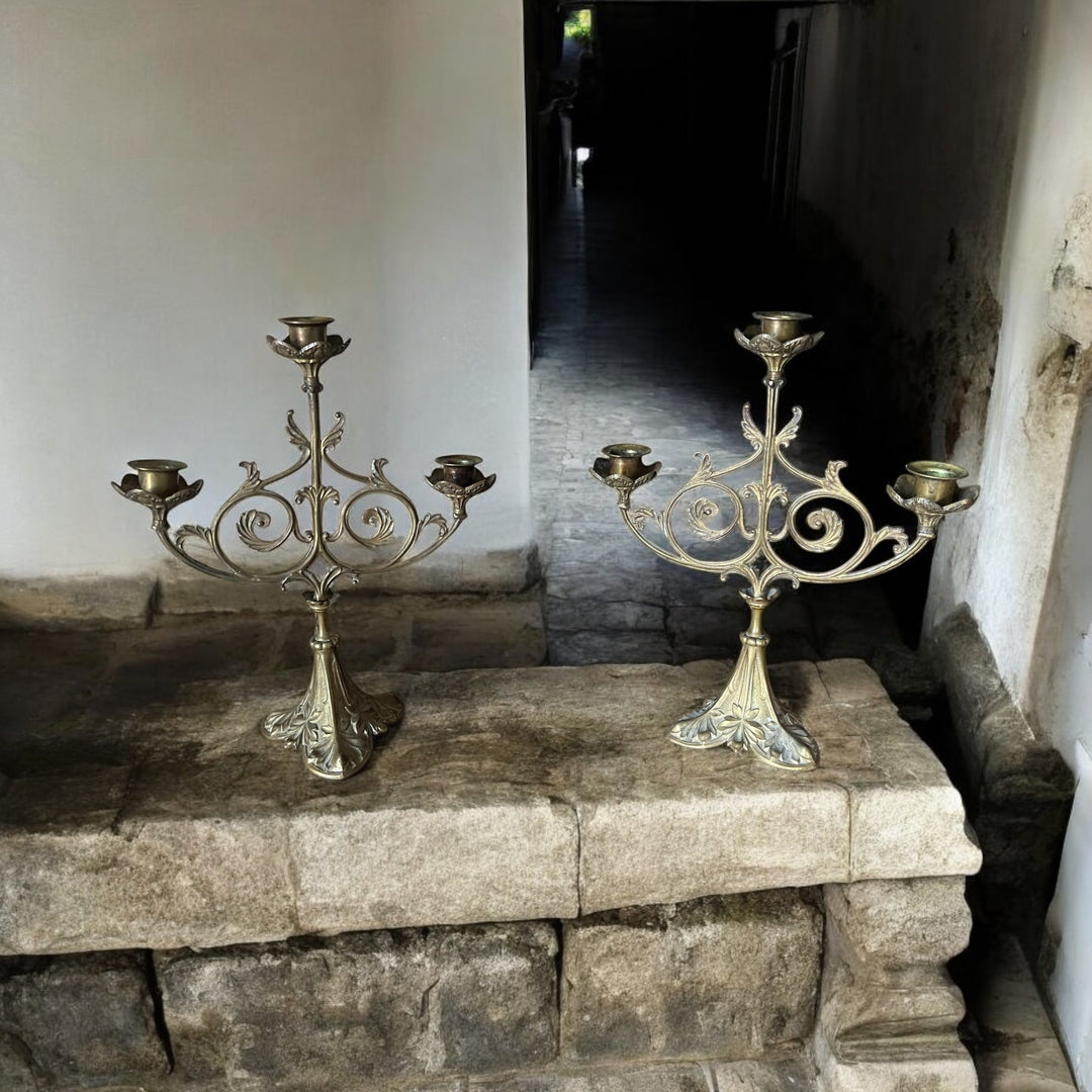 Pair of Art Nouveau Religious Chandeliers with 3 Enlightenment