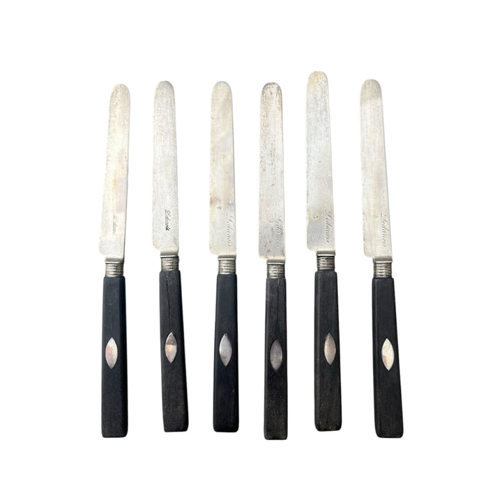 6 knives in ebony and silver blade old man 19th century