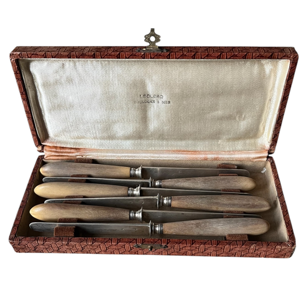 6 wooden handle dessert knives and silver blade