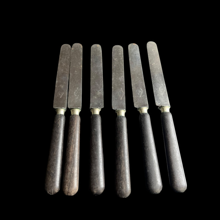 6 Ebony sleeve dessert knives and steel blade with gold medal clover
