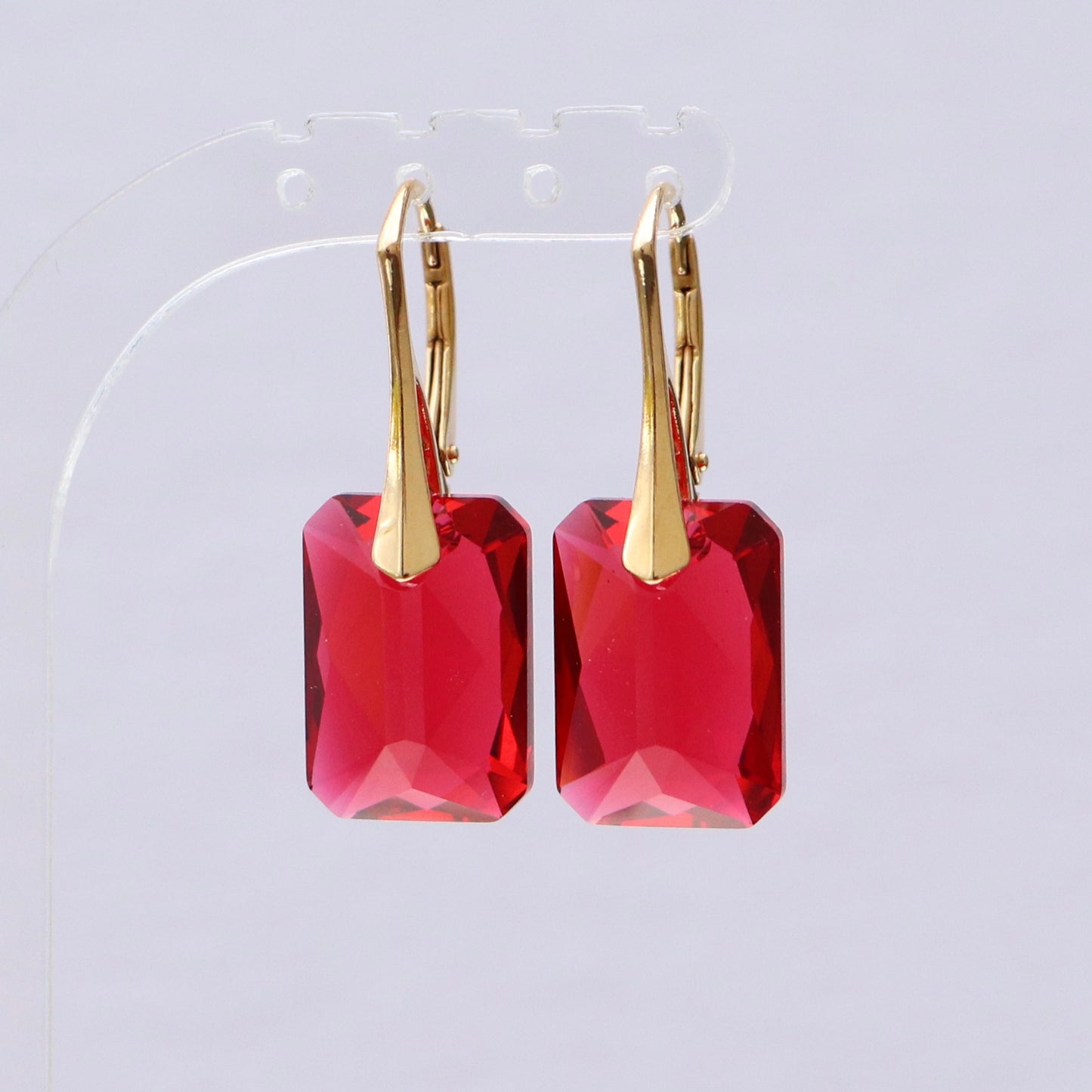 Boucles d'oreilles avec cristaux Swarovski, rouge framboise, argent doré, NOEMIE