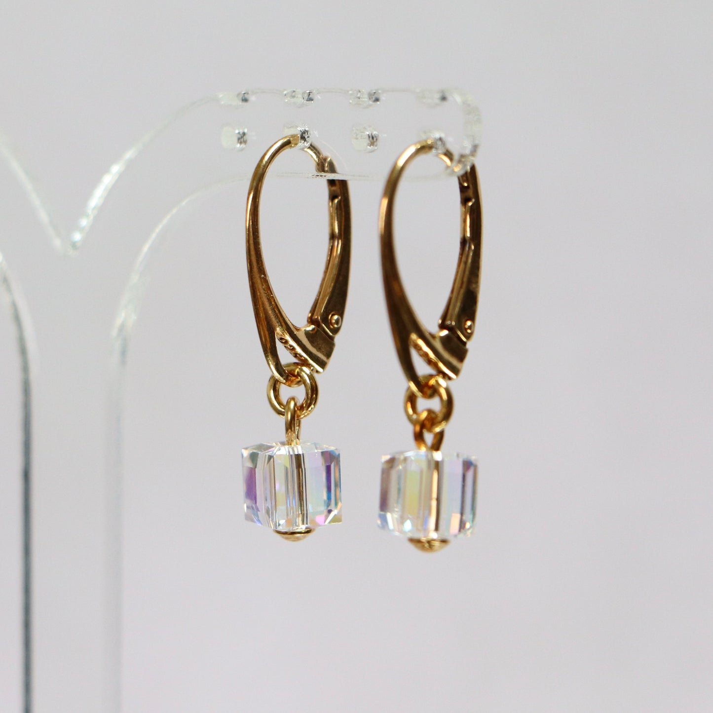 Boucles d'oreilles avec cristaux Swarovski, cristal AB, argent doré, CARRE