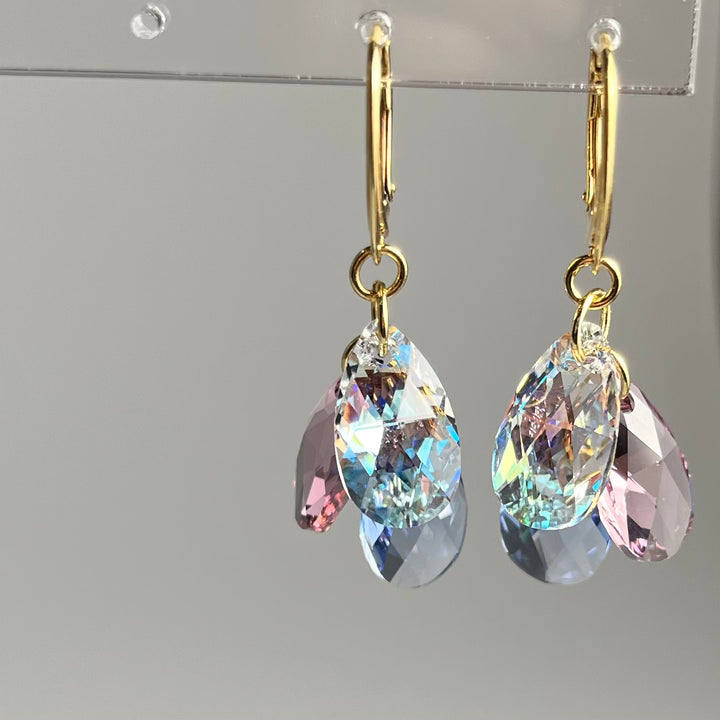 带有施华洛世奇晶体的耳环,金银,浅蓝色/紫色,花朵