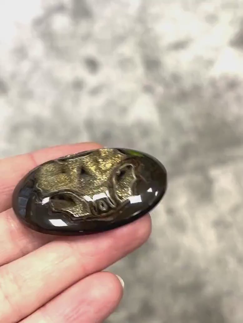 Ammonite pyritisée, AM_P039, taille cabochon, 45x32x9  mm; 16g;