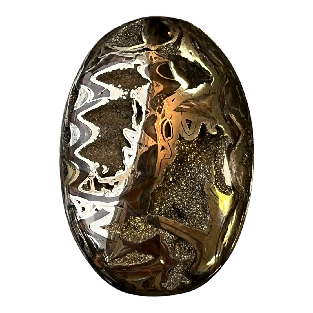 Ammonite pyritisée, AM_P077, taille cabochon, 43x30x7 mm; 14.8g;