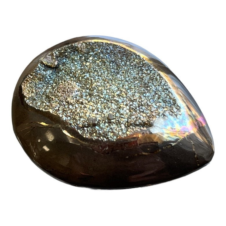 Ammonite pyritisée, AM_P108, taille cabochon, 31x25x7 mm; 8.8g;