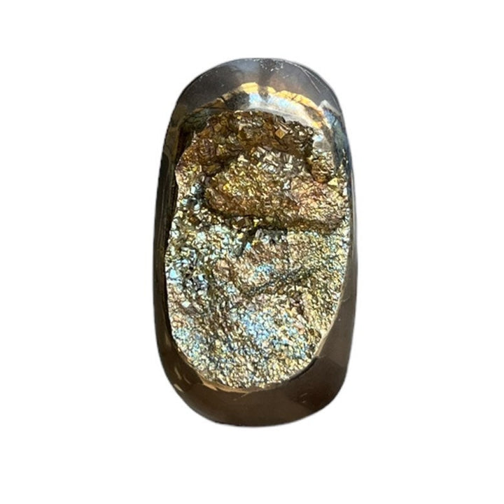 Ammonite pyritisée, AM_P085, taille cabochon, 39x22x8 mm; 12.5g;