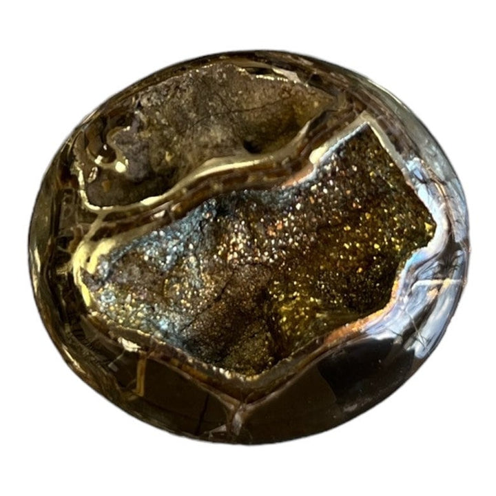 Ammonite pyritisée, AM_P045, taille cabochon, 36 x 31 x13mm; 13g;