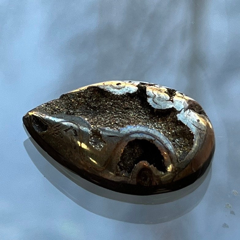 Ammonite pyritisée, AM_P105, taille cabochon, 29x21x6 mm; 5.7g