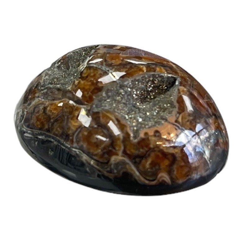 Ammonite pyritisée, AM_P053, taille cabochon, 36x26x14 mm; 17.3g;
