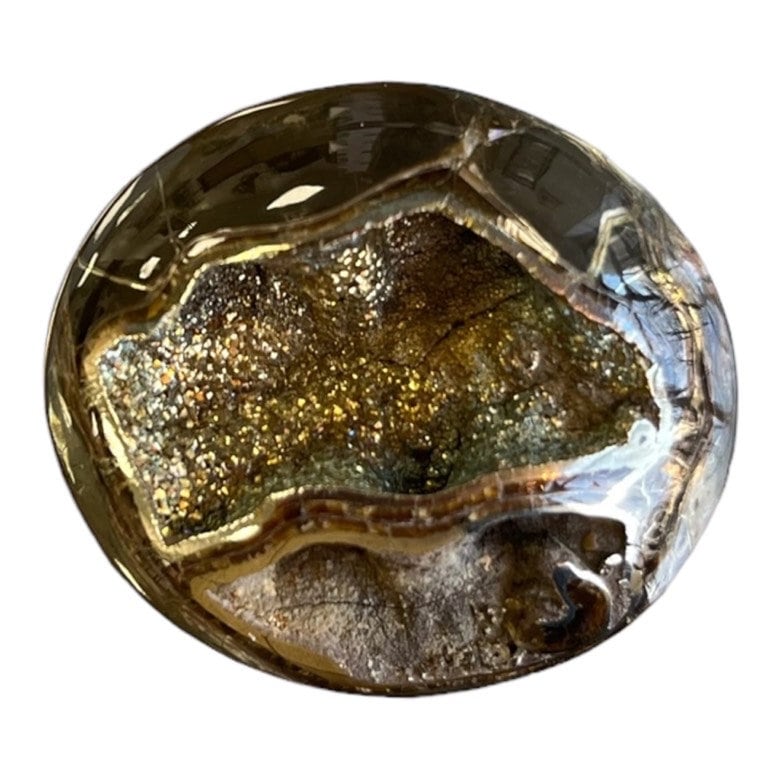 Ammonite pyritisée, AM_P045, taille cabochon, 36 x 31 x13mm; 13g;