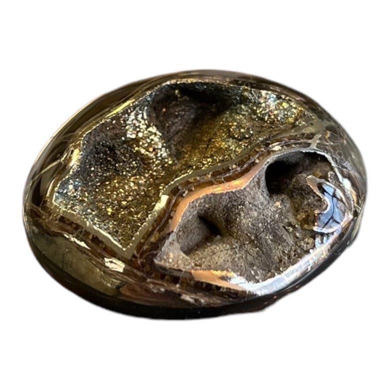 Ammonite pyritisée, AM_P045, taille cabochon, 36 x 31 x13mm; 13g;