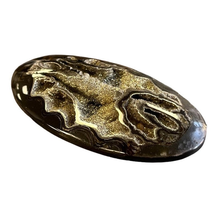Ammonite pyritisée, AM_P069, taille cabochon, 54x27x7  mm; 13.1g;