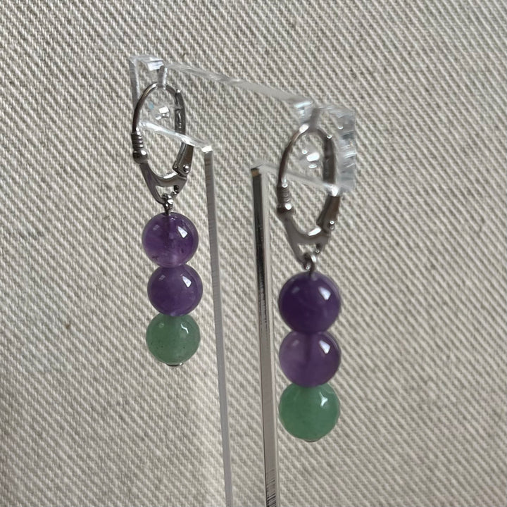 Boucles d'oreilles avec pierres naturelles - améthyste, aventurine verte, en argent