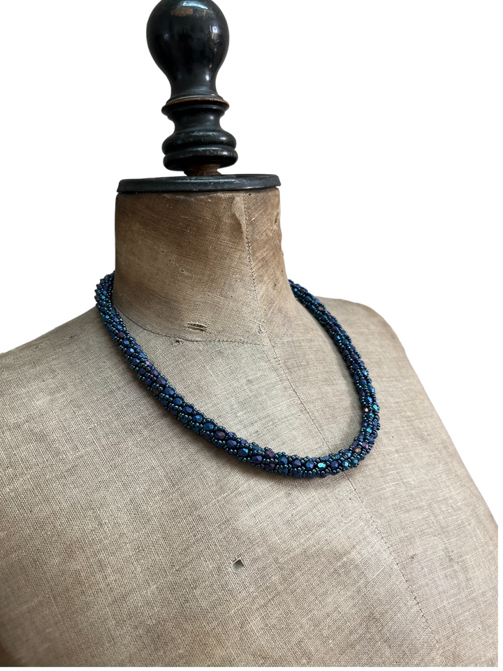 Spiral crochet necklace with Miyuki beads, metallic blue, 50 cm