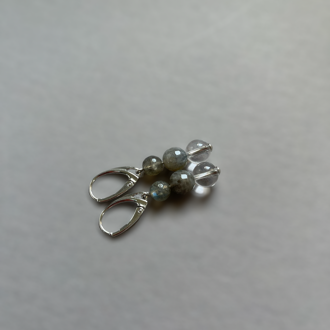 Boucles d'oreilles avec pierres naturelles  (labradorite, cristal de roche), en argent