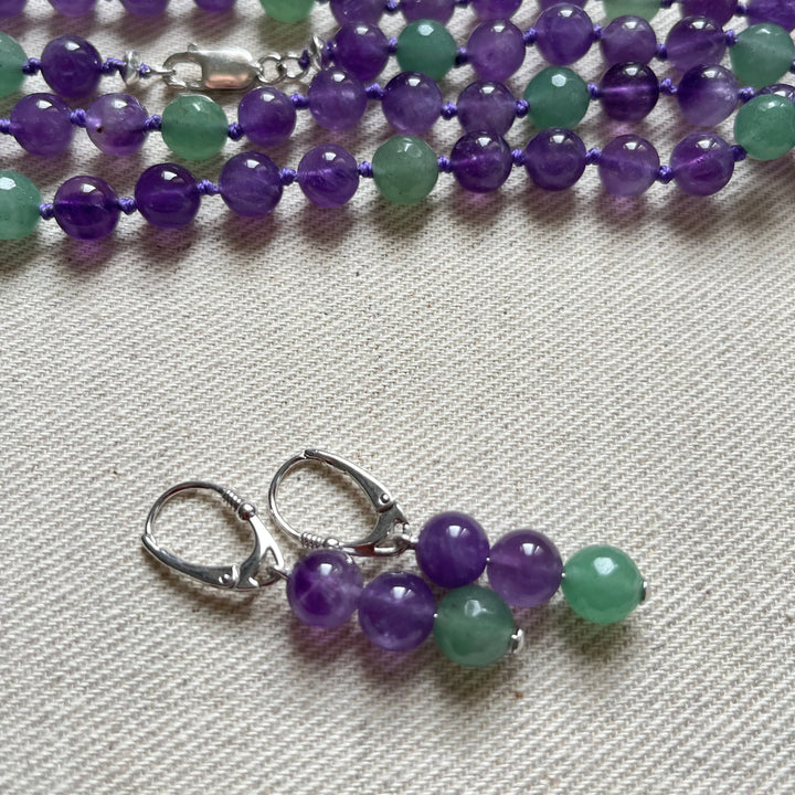 Boucles d'oreilles avec pierres naturelles - améthyste, aventurine verte, en argent