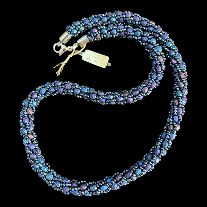 Spiral crochet necklace with Miyuki beads, metallic blue, 50 cm