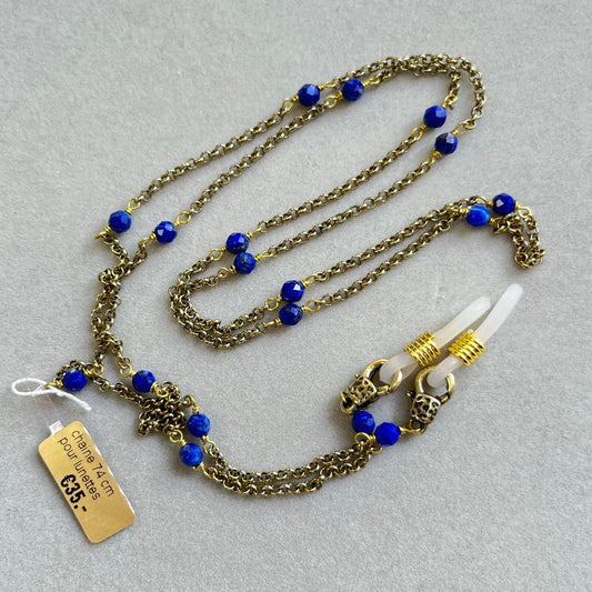 Chain for glasses and sunglasses, brass with natural stones, 74 cm, lapis lazuli