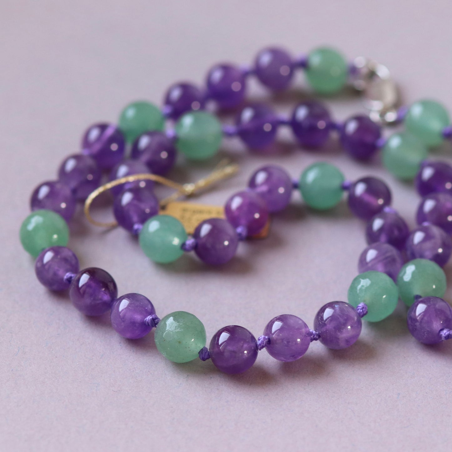 Natural stone knotted necklace (amethyst, green aventurine) 48 cm