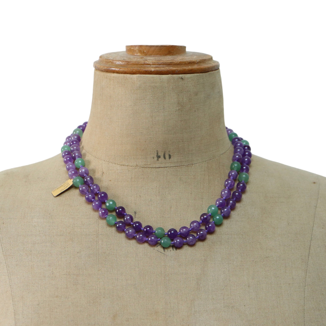 Long necklace with knots in natural stones (amethyst, green aventurine) 99 cm