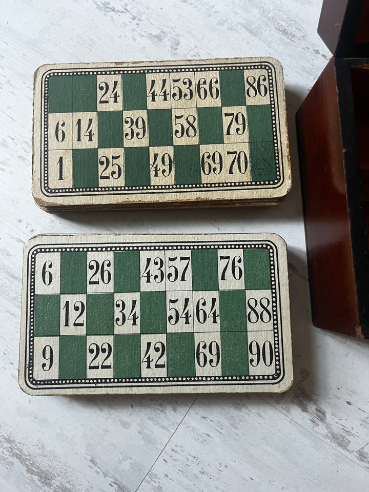 Boîte de jeu de loto en bois vintage 1910/1930